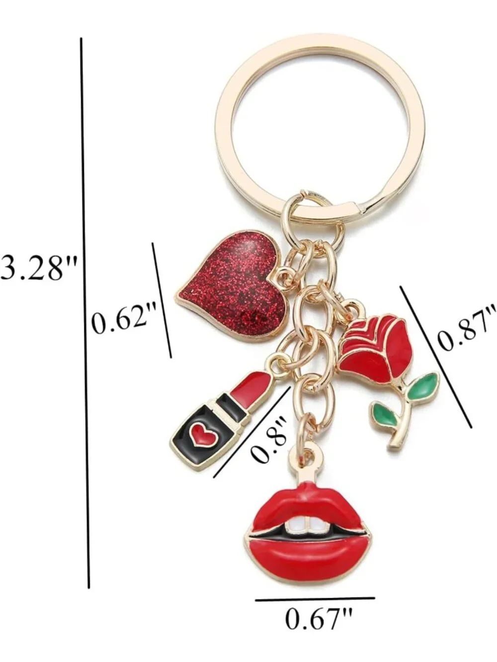 Romantic Love Keychain Set - 10PCS Red Glitter Heart, Rose & Lipstick Charms for